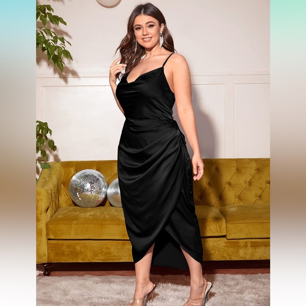 Satin Silk Rouched Cowl Neck Dress